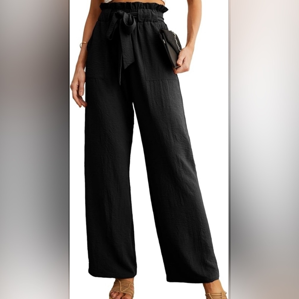 Iwollence Black Wide-Leg Women's‎ Pants With Tie Waist